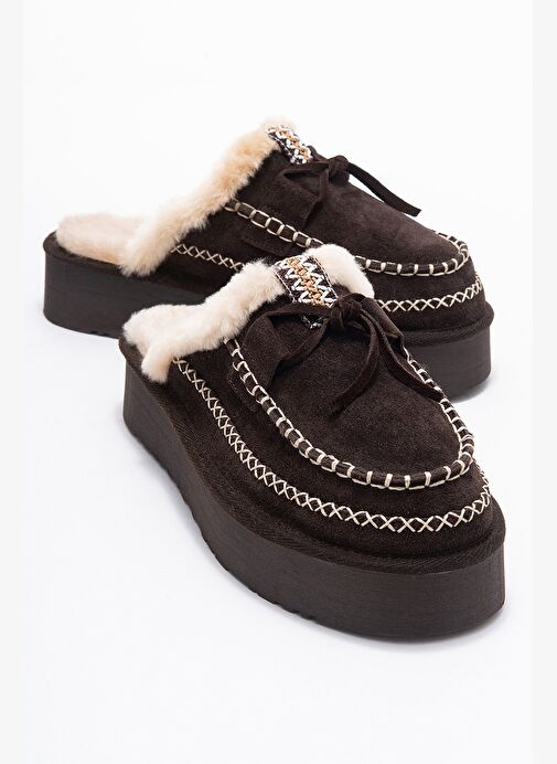 YALINA Kahverengi Süet Hakiki Deri Dikişli Kürklü Kadın Platform Tabanlı Makosen Terlik - Görsel 2