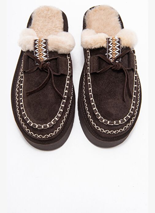 YALINA Kahverengi Süet Hakiki Deri Dikişli Kürklü Kadın Platform Tabanlı Makosen Terlik - Görsel 3