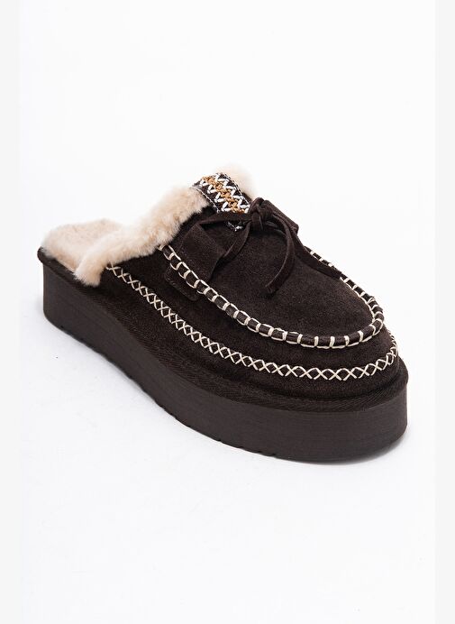 YALINA Kahverengi Süet Hakiki Deri Dikişli Kürklü Kadın Platform Tabanlı Makosen Terlik - Görsel 4