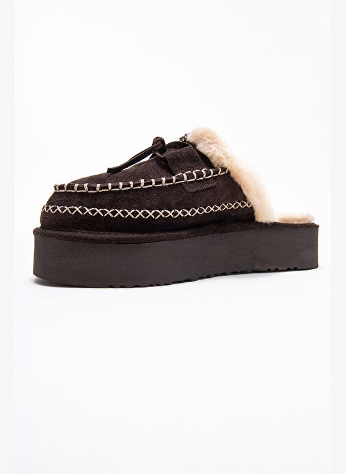 YALINA Kahverengi Süet Hakiki Deri Dikişli Kürklü Kadın Platform Tabanlı Makosen Terlik - Görsel 5