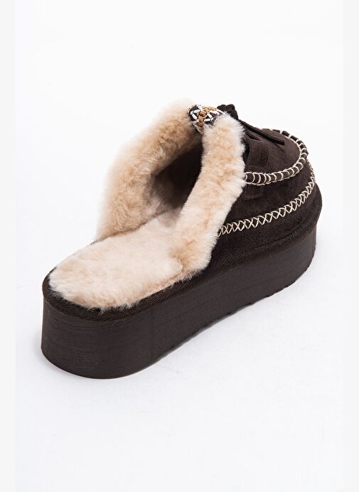 YALINA Kahverengi Süet Hakiki Deri Dikişli Kürklü Kadın Platform Tabanlı Makosen Terlik - Görsel 6