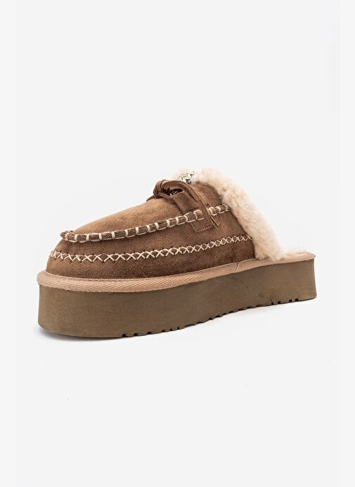 YALINA Toprak Süet Hakiki Deri Dikişli Kürklü Kadın Platform Tabanlı Makosen Terlik - Görsel 5