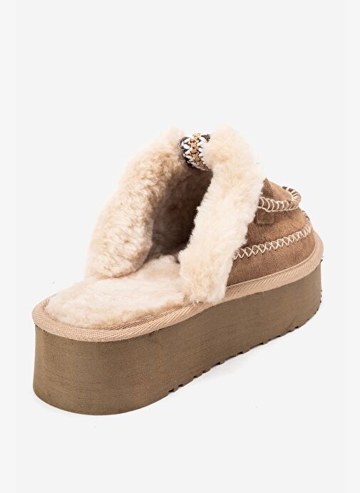 YALINA Toprak Süet Hakiki Deri Dikişli Kürklü Kadın Platform Tabanlı Makosen Terlik - Görsel 6