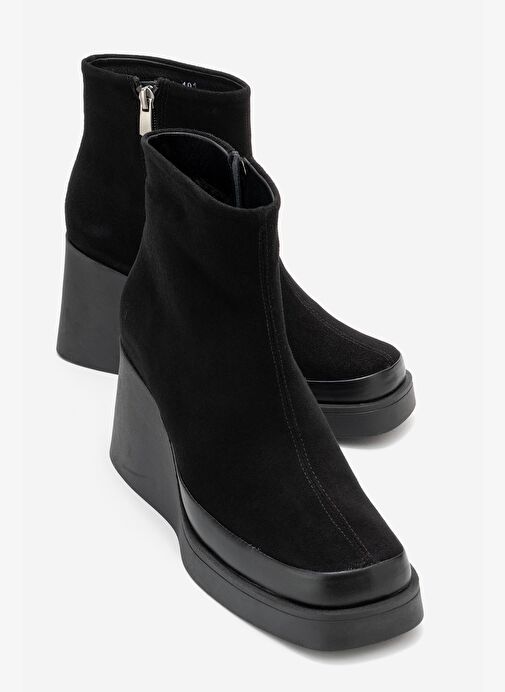LIVIA Siyah Süet Hakiki Deri Kadın Dolgu Topuklu Bot - Görsel 2