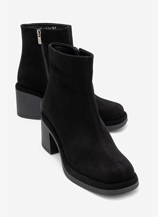 JUNAE Siyah Süet Hakiki Deri Kadın Kalın Topuklu Bot - Görsel 2