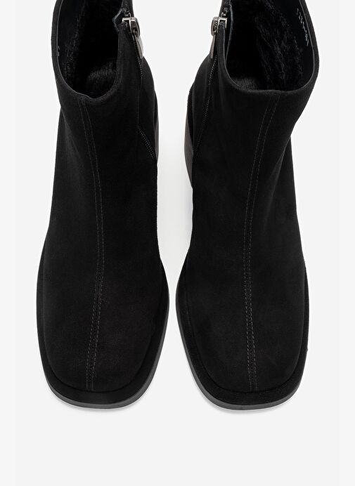 JUNAE Siyah Süet Hakiki Deri Kadın Kalın Topuklu Bot - Görsel 3