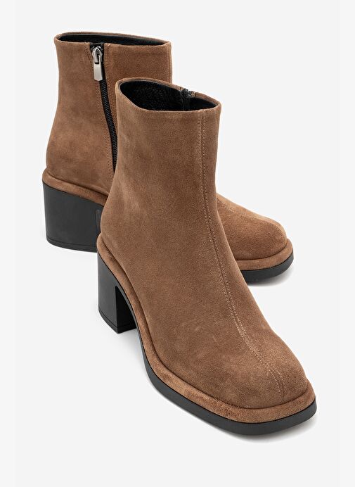 JUNAE Taba Süet Hakiki Deri Kadın Kalın Topuklu Bot - Görsel 2