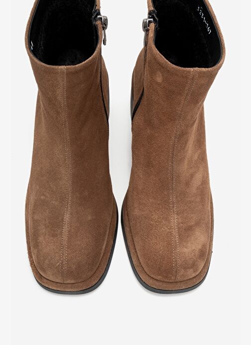 JUNAE Taba Süet Hakiki Deri Kadın Kalın Topuklu Bot - Görsel 3