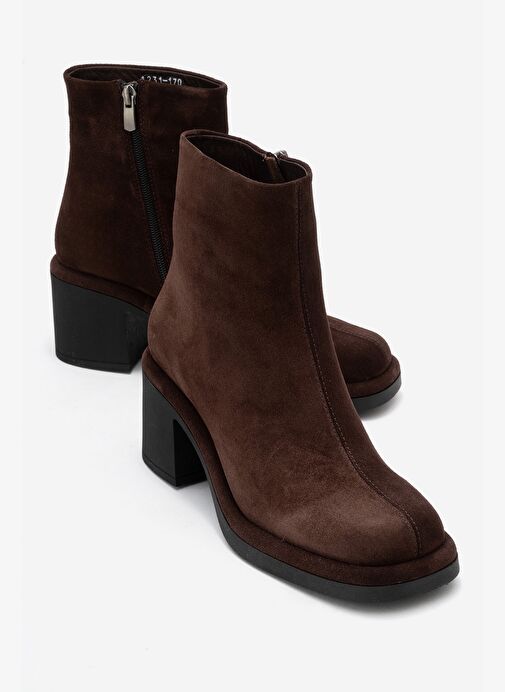 JUNAE Kahverengi Süet Hakiki Deri Kadın Kalın Topuklu Bot - Görsel 2