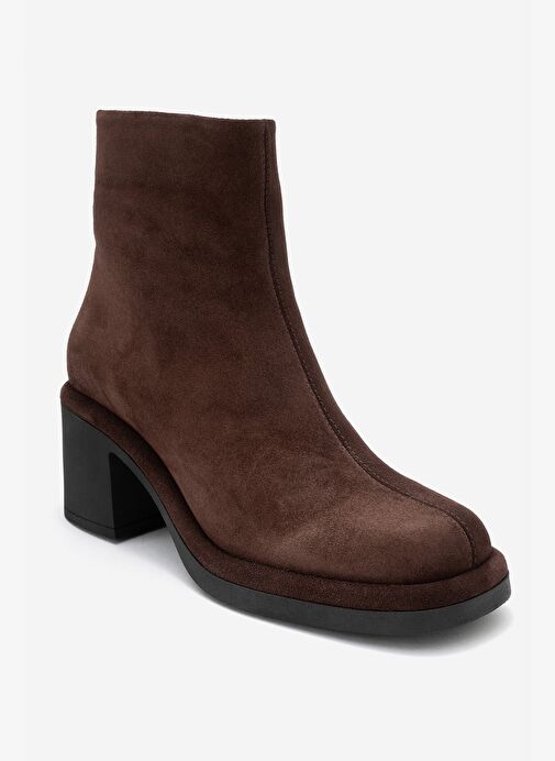 JUNAE Kahverengi Süet Hakiki Deri Kadın Kalın Topuklu Bot - Görsel 4