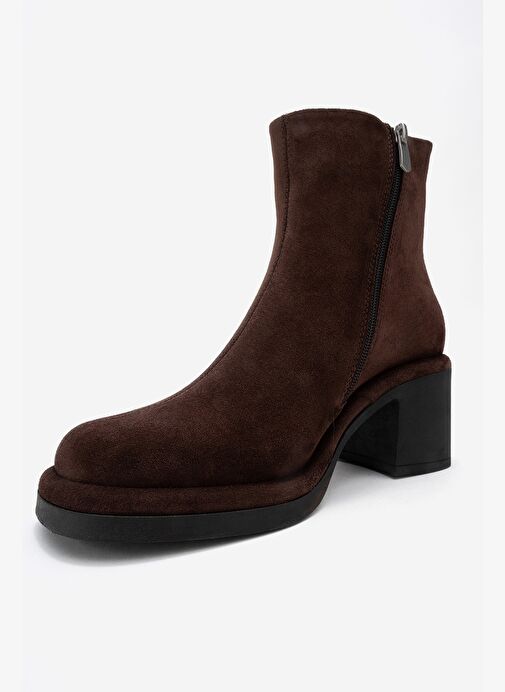 JUNAE Kahverengi Süet Hakiki Deri Kadın Kalın Topuklu Bot - Görsel 5