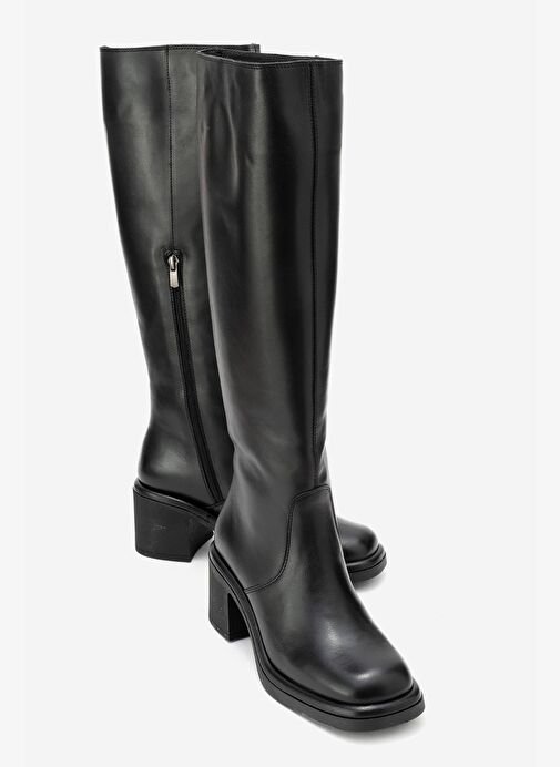 FROS Siyah Cilt Hakiki Deri Kadın Kalın Topuklu Çizme - Görsel 2