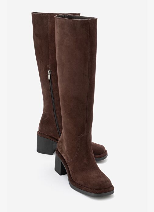 FROS Kahverengi Süet Hakiki Deri Kadın Kalın Topuklu Çizme - Görsel 2