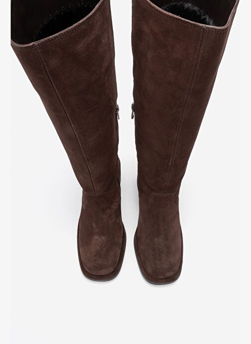 FROS Kahverengi Süet Hakiki Deri Kadın Kalın Topuklu Çizme - Görsel 3