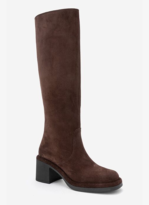 FROS Kahverengi Süet Hakiki Deri Kadın Kalın Topuklu Çizme - Görsel 4