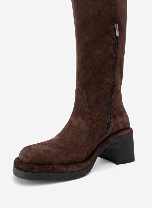 FROS Kahverengi Süet Hakiki Deri Kadın Kalın Topuklu Çizme - Görsel 5