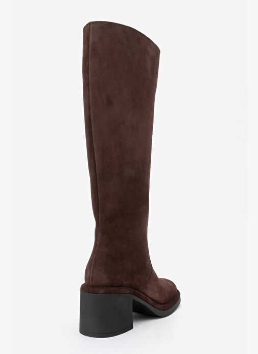 FROS Kahverengi Süet Hakiki Deri Kadın Kalın Topuklu Çizme - Görsel 6