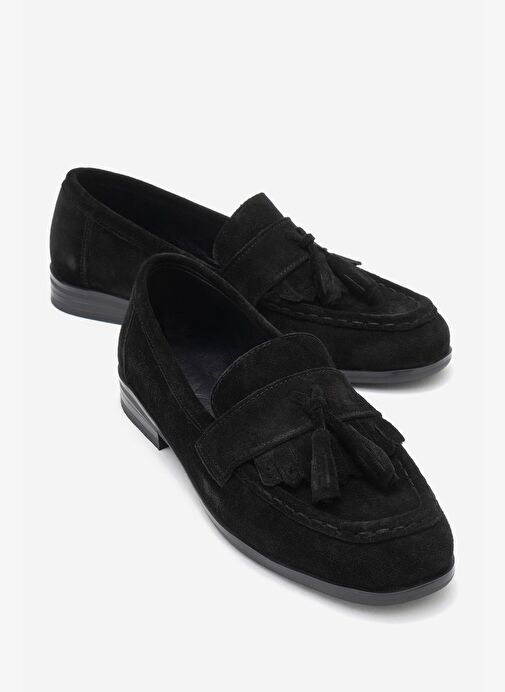LUPEN Siyah Süet Püsküllü Hakiki Deri Kadın Loafer Ayakkabı - Görsel 2