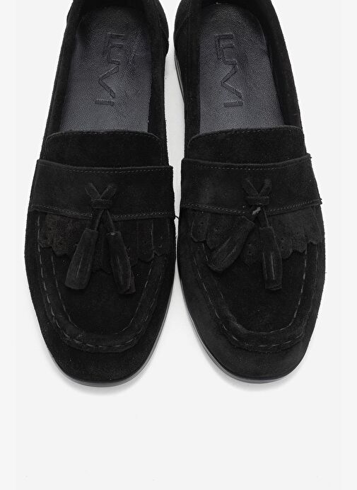 LUPEN Siyah Süet Püsküllü Hakiki Deri Kadın Loafer Ayakkabı - Görsel 3