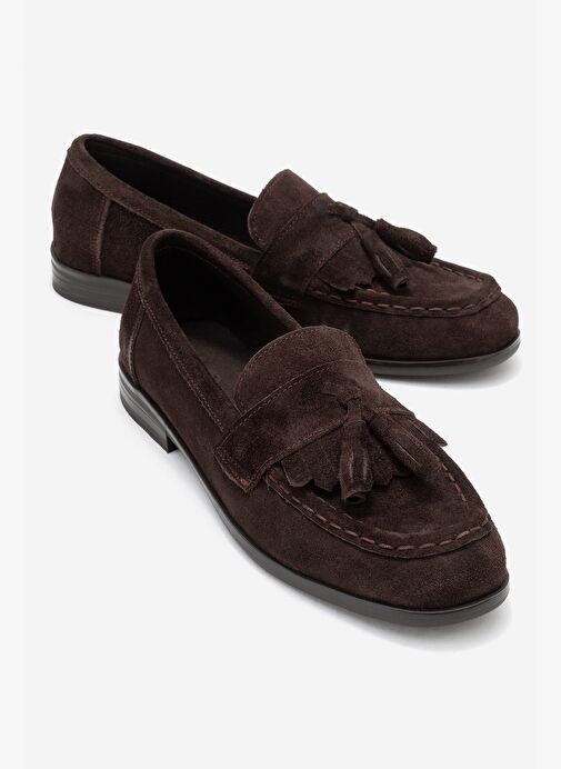 LUPEN Kahverengi Süet Püsküllü Hakiki Deri Kadın Loafer Ayakkabı - Görsel 2
