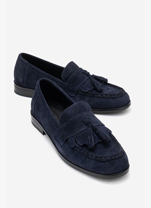 LUPEN Lacivert Süet Püsküllü Hakiki Deri Kadın Loafer Ayakkabı - Görsel 2