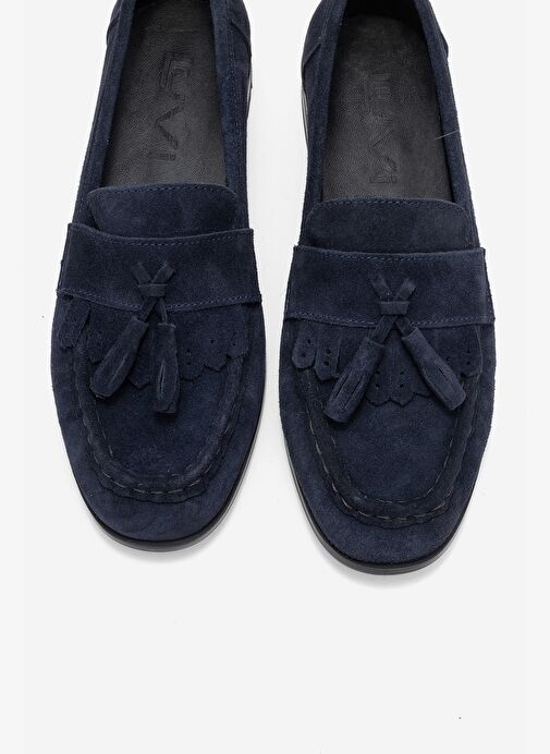 LUPEN Lacivert Süet Püsküllü Hakiki Deri Kadın Loafer Ayakkabı - Görsel 3