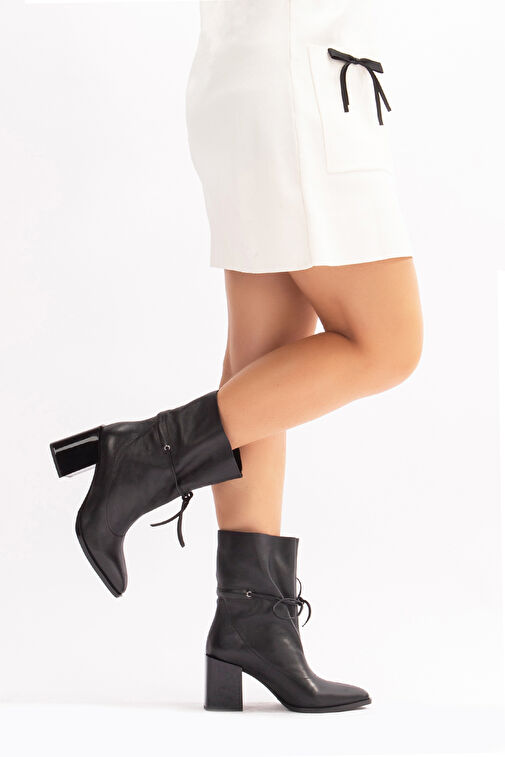 Raisa Gerçek Deri Bağcıklı Kadın Topuklu Bot Siyah Deri - Görsel 2