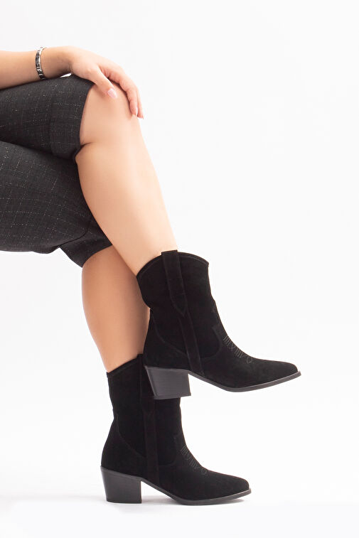 Merita Gerçek Deri Kadın Western Bot Siyah Süet - Görsel 7