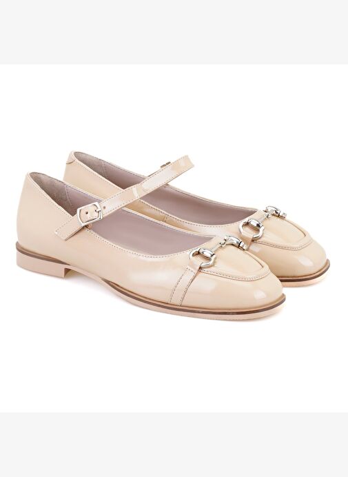 Kadın Bej Zincir Detaylı Mary Jane Rugan Deri Babet - Görsel 2