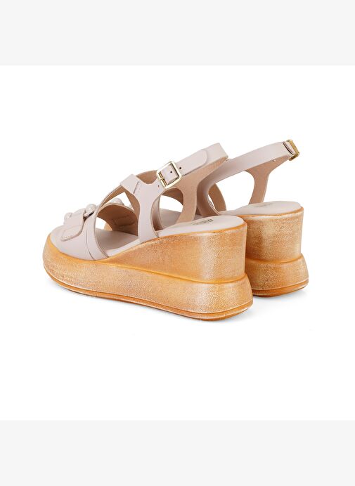 Kadın Pudra Ayarlanabilir Tokalı Topuklu Deri Sandalet - Görsel 4