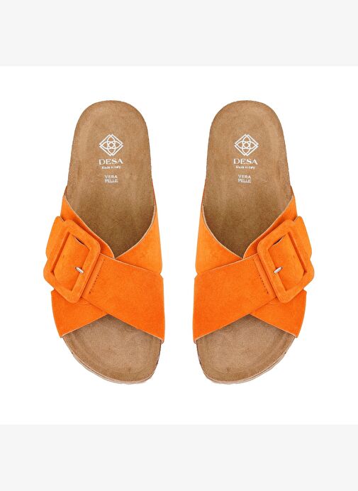 Kadın Turuncu Ayarlanabilir Tokalı Süet Deri Terlik - Görsel 6