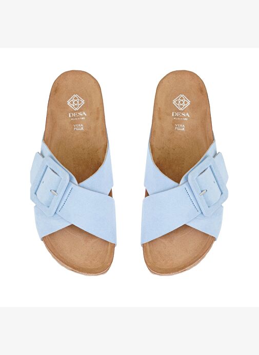 Kadın Mavi Ayarlanabilir Tokalı Süet Deri Terlik - Görsel 6