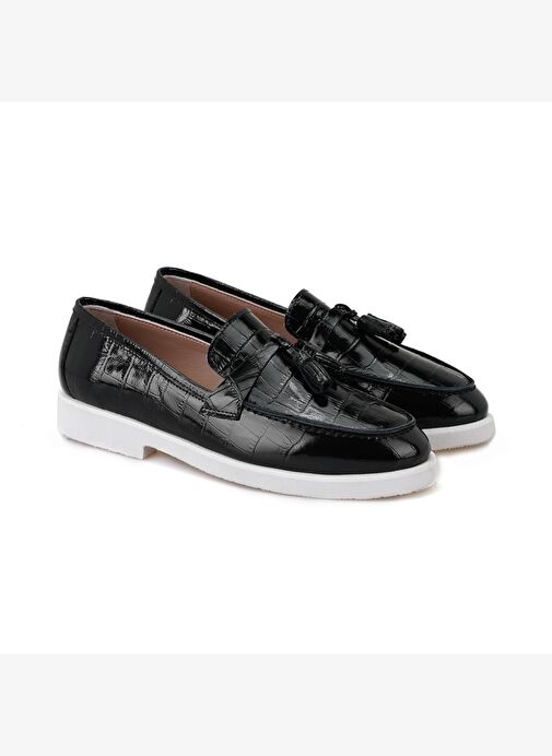 Kadın Siyah Kroko Baskılı Deri Loafer - Görsel 3
