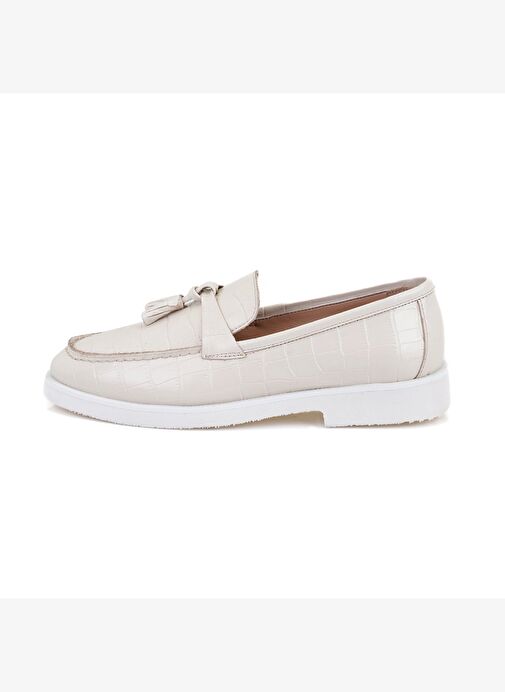 Kadın Ekru Kroko Baskılı Deri Loafer - Görsel 4