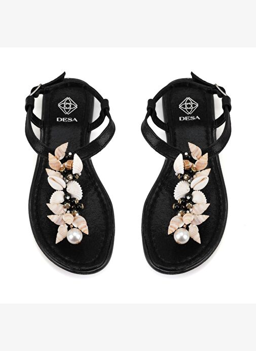 Kadın Siyah Aksesuarlı Parmak Arası Deri Sandalet - Görsel 6