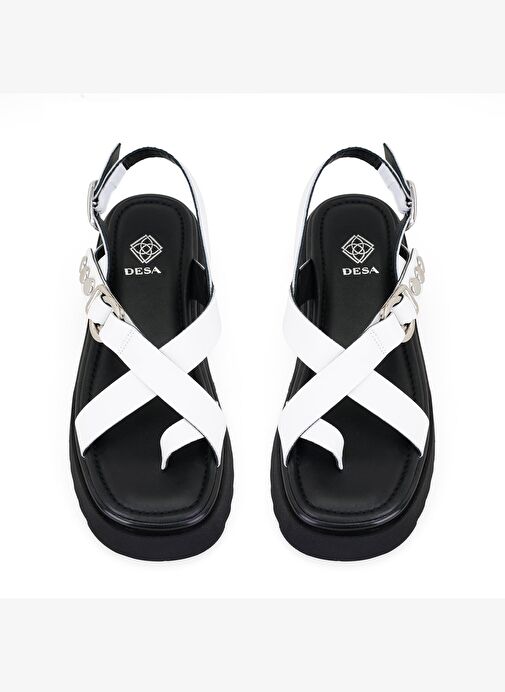 Kadın Beyaz Ayarlanabilir Tokalı Deri Sandalet - Görsel 5