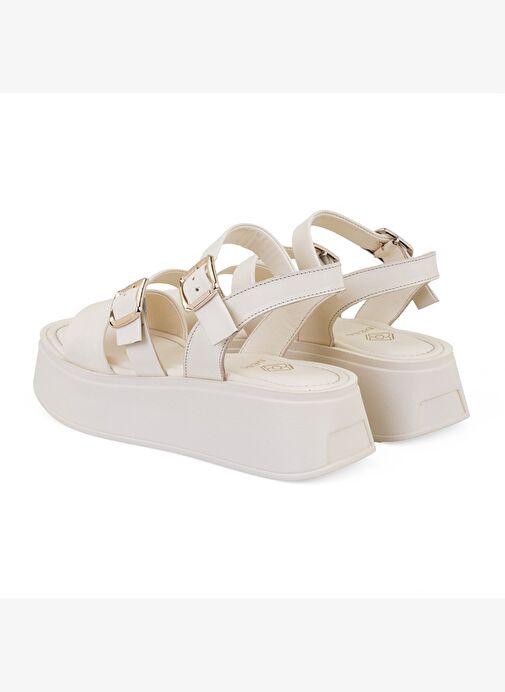Kadın Krem Ayarlanabilir Tokalı Deri Sandalet - Görsel 5