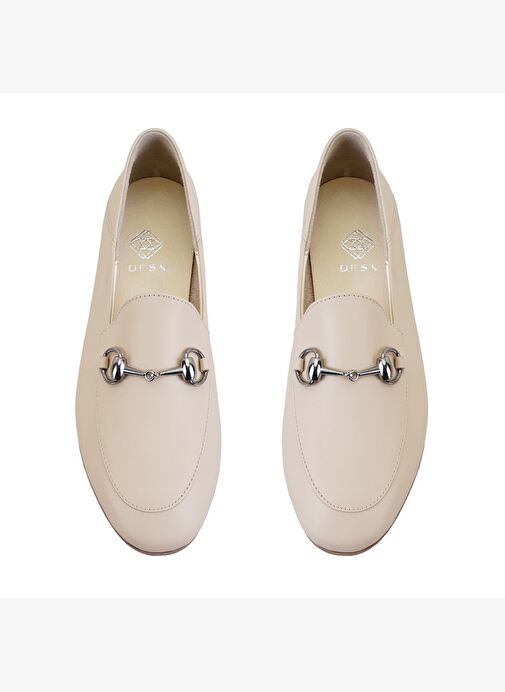 Kadın Bej Toka Aksesuarlı Deri Babet - Görsel 6