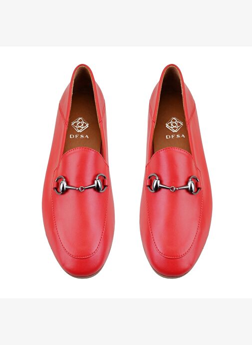 Kadın Kırmızı Toka Aksesuarlı Deri Babet - Görsel 6