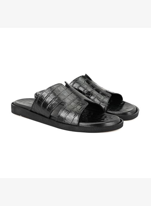 David Siyah Erkek Kroko Baskılı Deri Terlik - Görsel 2