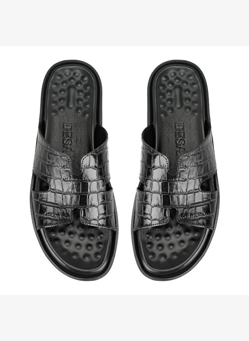 David Siyah Erkek Kroko Baskılı Deri Terlik - Görsel 5