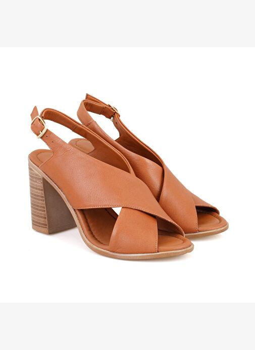 Kadın Taba Topuklu Deri Sandalet - Görsel 2