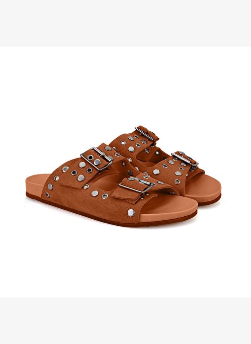 Kadın Taba Aksesuarlı Deri Terlik - Görsel 2