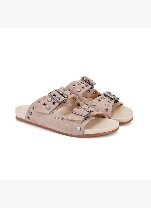 Kadın Pudra Aksesuarlı Deri Terlik - Görsel 2