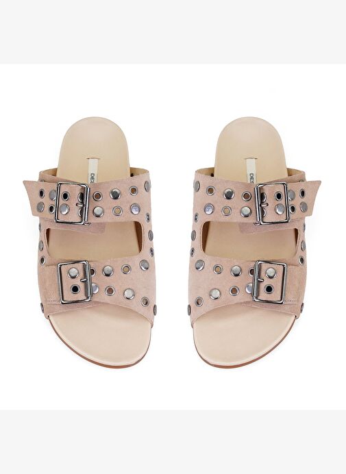 Kadın Pudra Aksesuarlı Deri Terlik - Görsel 6