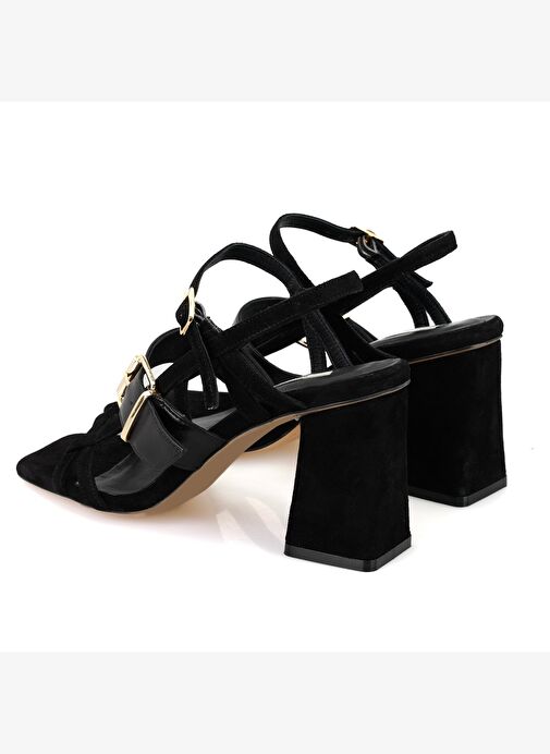 Kadın Siyah Topuklu Süet Deri Sandalet - Görsel 5
