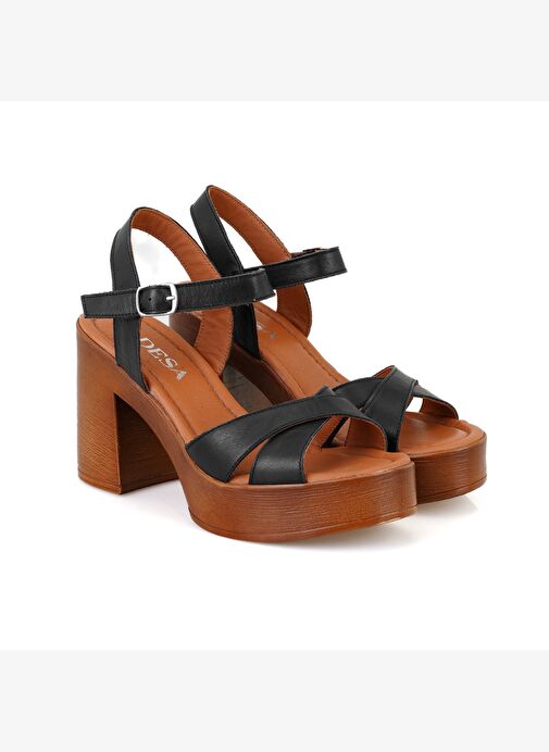 Kadın Siyah Platform Topuklu Deri Sandalet - Görsel 2