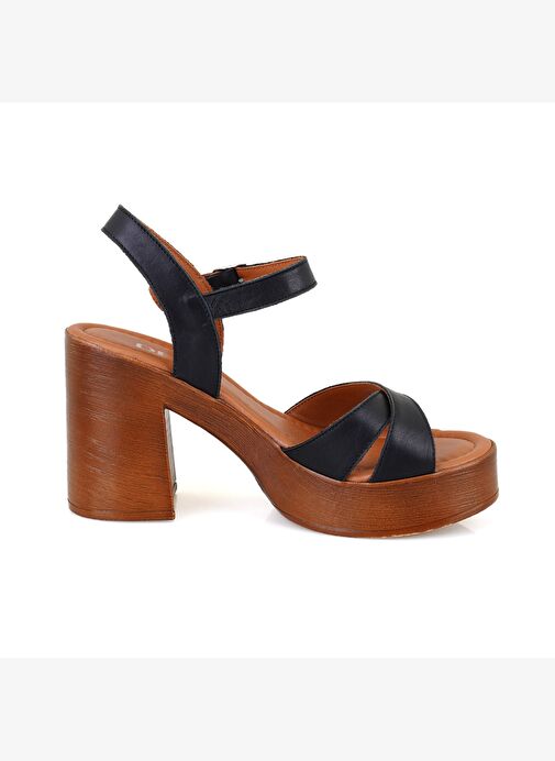 Kadın Siyah Platform Topuklu Deri Sandalet - Görsel 3