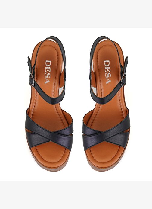 Kadın Siyah Platform Topuklu Deri Sandalet - Görsel 5