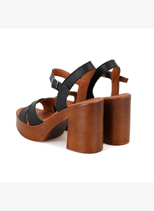 Kadın Siyah Platform Topuklu Deri Sandalet - Görsel 6